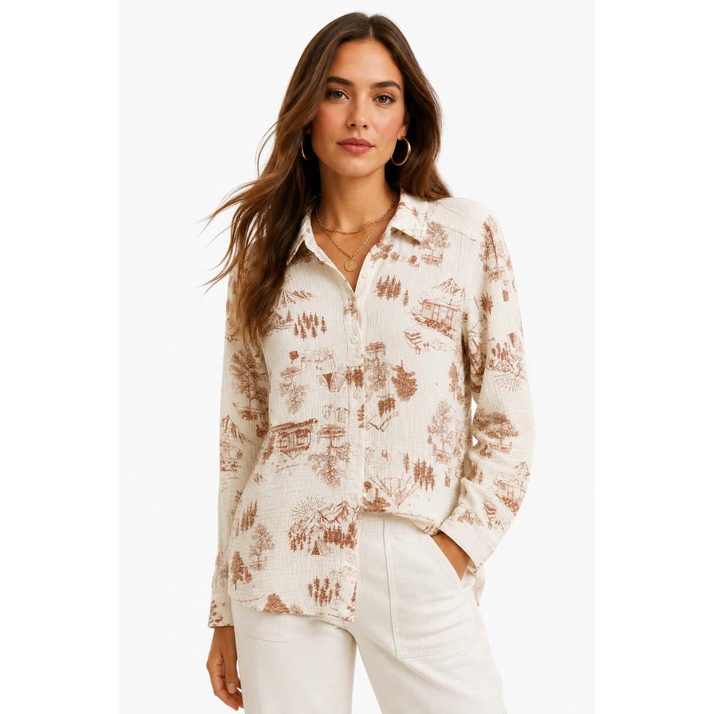 G by Giuliana Women Ivory Brown Toile Cabin Print Cotton Gauze Button Down Top L